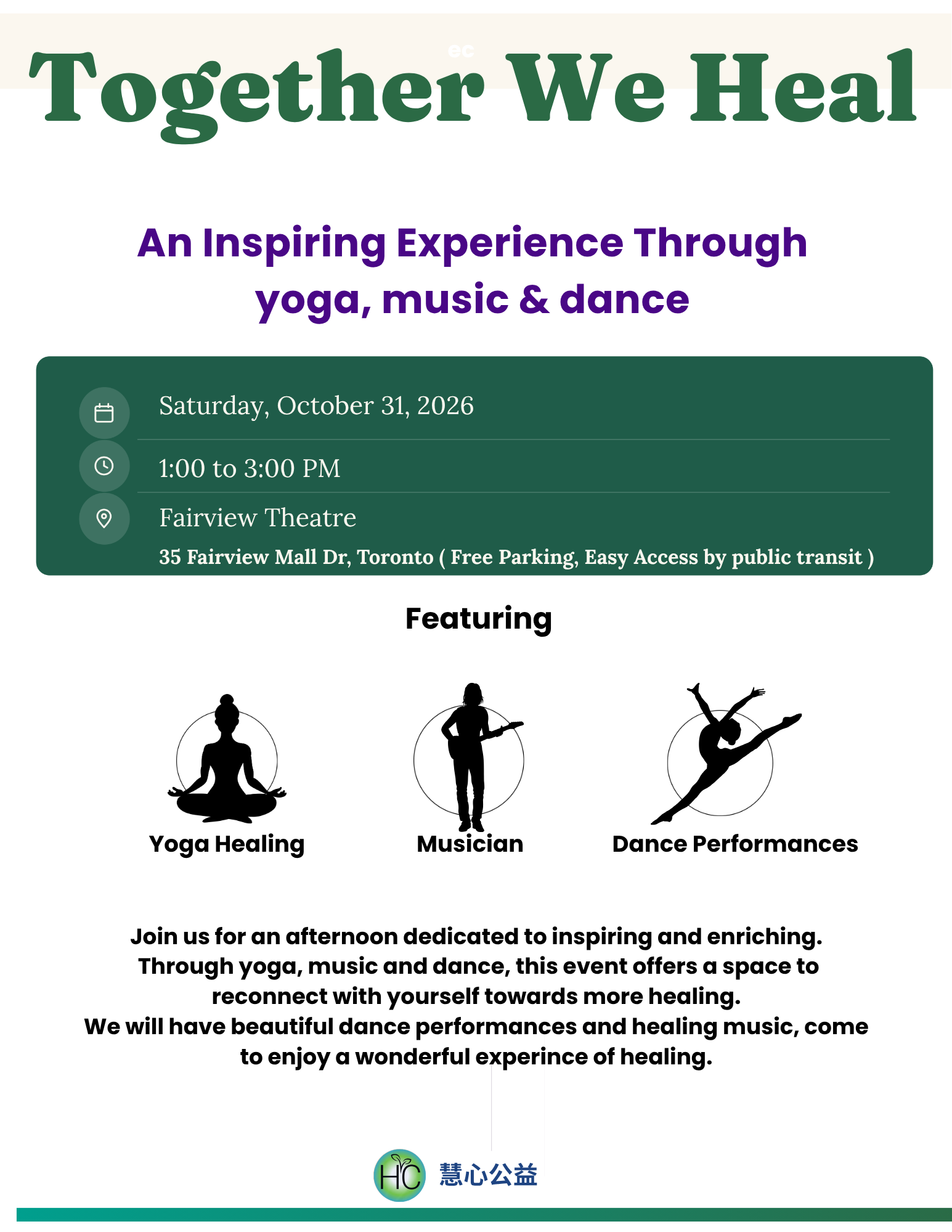Together We Heal event poster: An Inspiring Experience Through yoga, music and dance, Saturday October 31 2026, 1 to 3 PM, Fairview Theatre, Toronto
