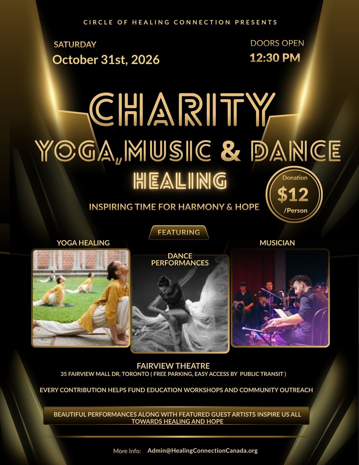 Charity Yoga, Music and Dance Healing event flyer: Saturday October 31, 2026, doors open 12:30 PM, Fairview Theatre Toronto. Donation Recommended $12 per person